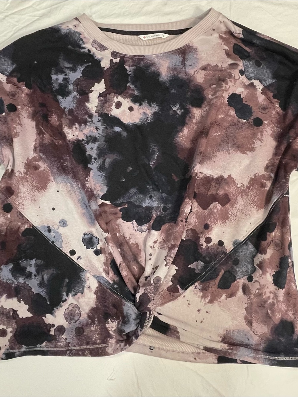 Shambhala Sanctuary Mauve Tie-Front Watercolor Print Long Sleeve Top Size L